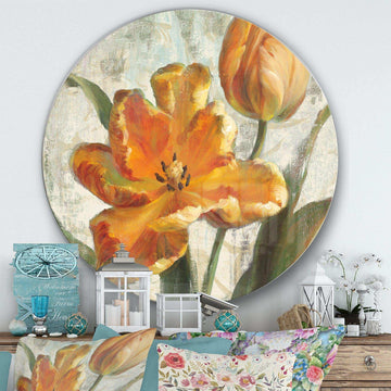 Parrot Tulips I on Ivory - Floral Metal Circle Wall Art